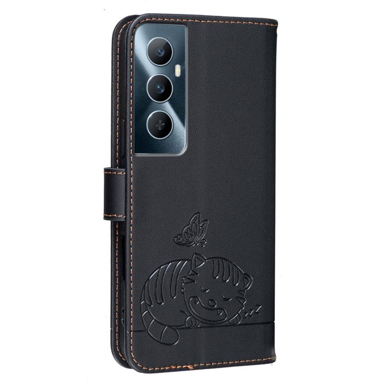 For Realme C65 Cat Butterfly Embossed RFID Vegan Leather Phone Case with Strap