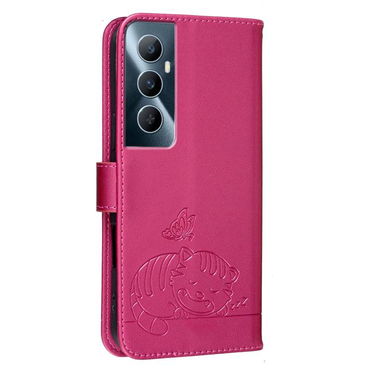For Realme C65 Cat Butterfly Embossed RFID Vegan Leather Phone Case with Strap