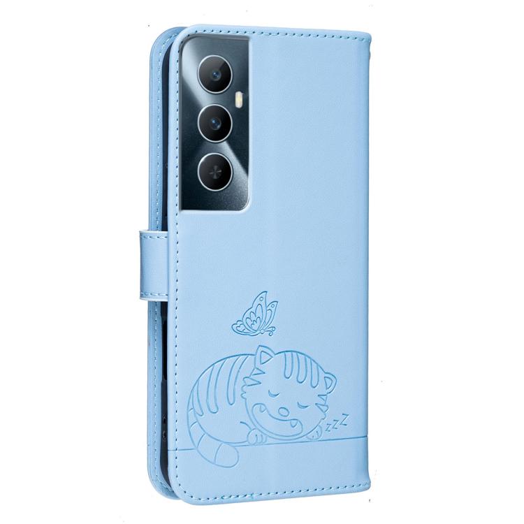 For Realme C65 Cat Butterfly Embossed RFID Vegan Leather Phone Case with Strap