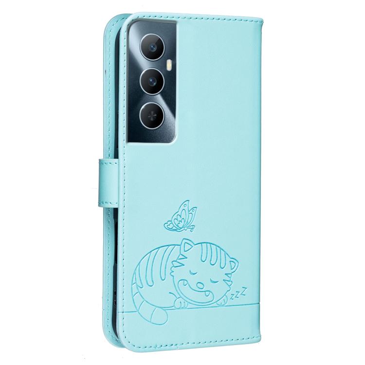 For Realme C65 Cat Butterfly Embossed RFID Vegan Leather Phone Case with Strap