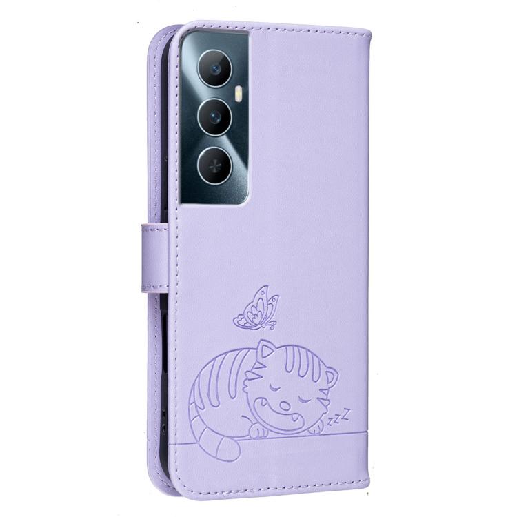 For Realme C65 Cat Butterfly Embossed RFID Vegan Leather Phone Case with Strap