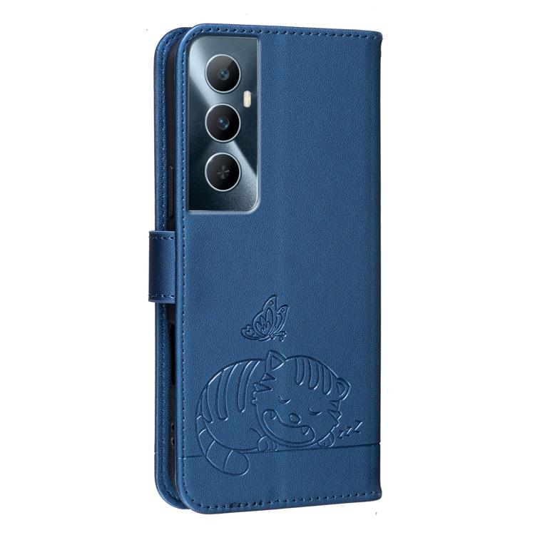 For Realme C65 Cat Butterfly Embossed RFID Vegan Leather Phone Case with Strap