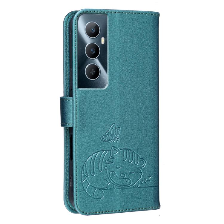 For Realme C65 Cat Butterfly Embossed RFID Vegan Leather Phone Case with Strap