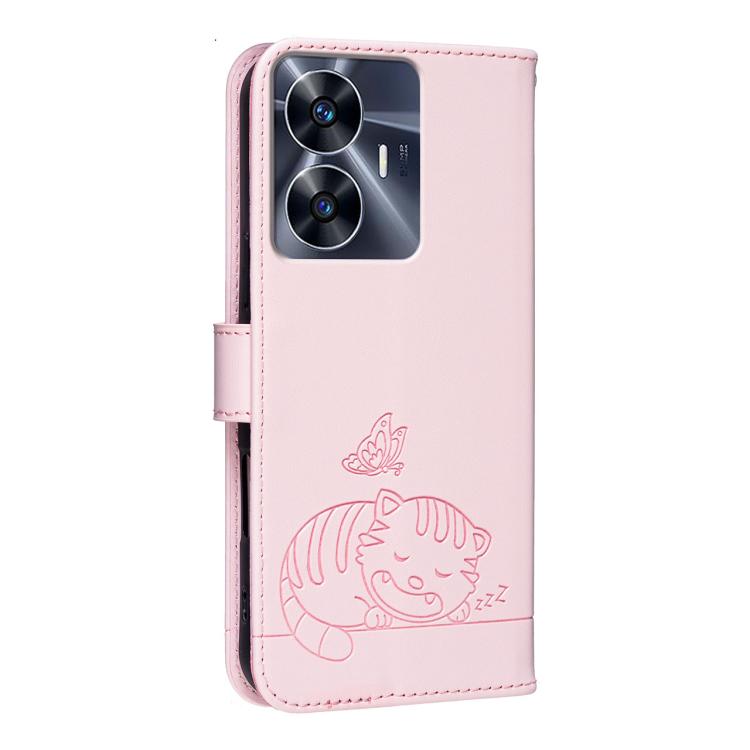 For Realme C55 Cat Butterfly Embossed RFID Vegan Leather Phone Case with Strap