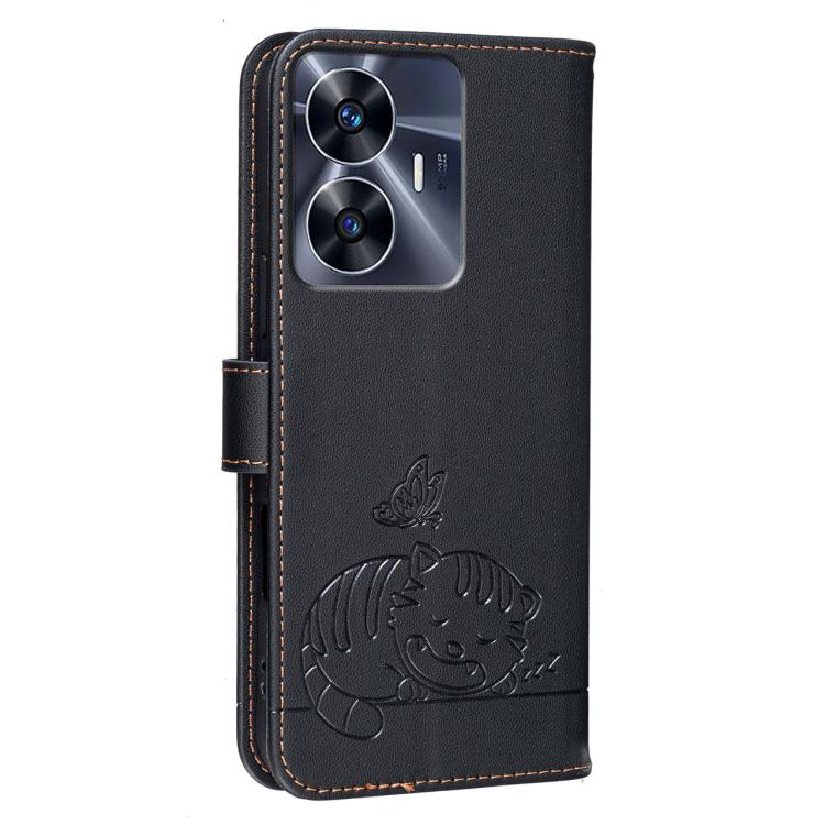For Realme C55 Cat Butterfly Embossed RFID Vegan Leather Phone Case with Strap