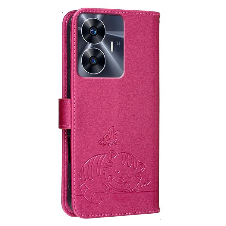For Realme C55 Cat Butterfly Embossed RFID Vegan Leather Phone Case with Strap