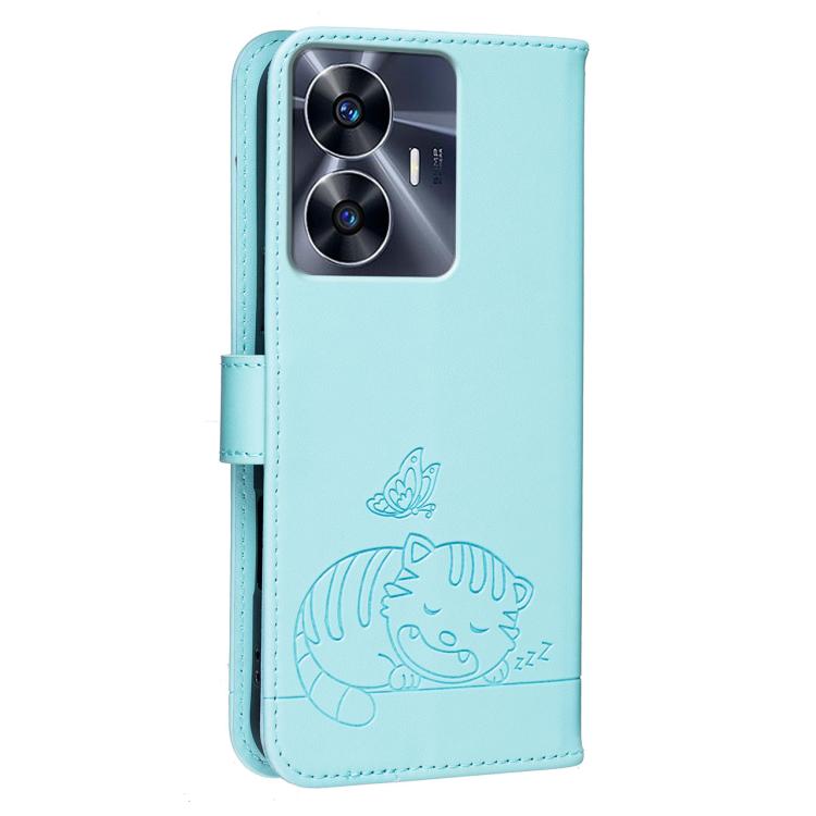 For Realme C55 Cat Butterfly Embossed RFID Vegan Leather Phone Case with Strap