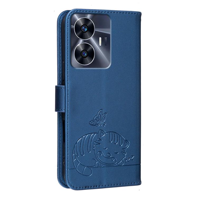 For Realme C55 Cat Butterfly Embossed RFID Vegan Leather Phone Case with Strap