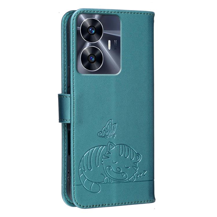 For Realme C55 Cat Butterfly Embossed RFID Vegan Leather Phone Case with Strap