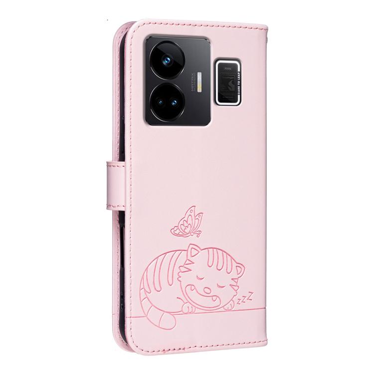 For Realme GT3 Cat Butterfly Embossed RFID Vegan Leather Phone Case with Strap