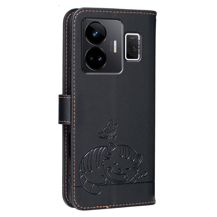 For Realme GT3 Cat Butterfly Embossed RFID Vegan Leather Phone Case with Strap