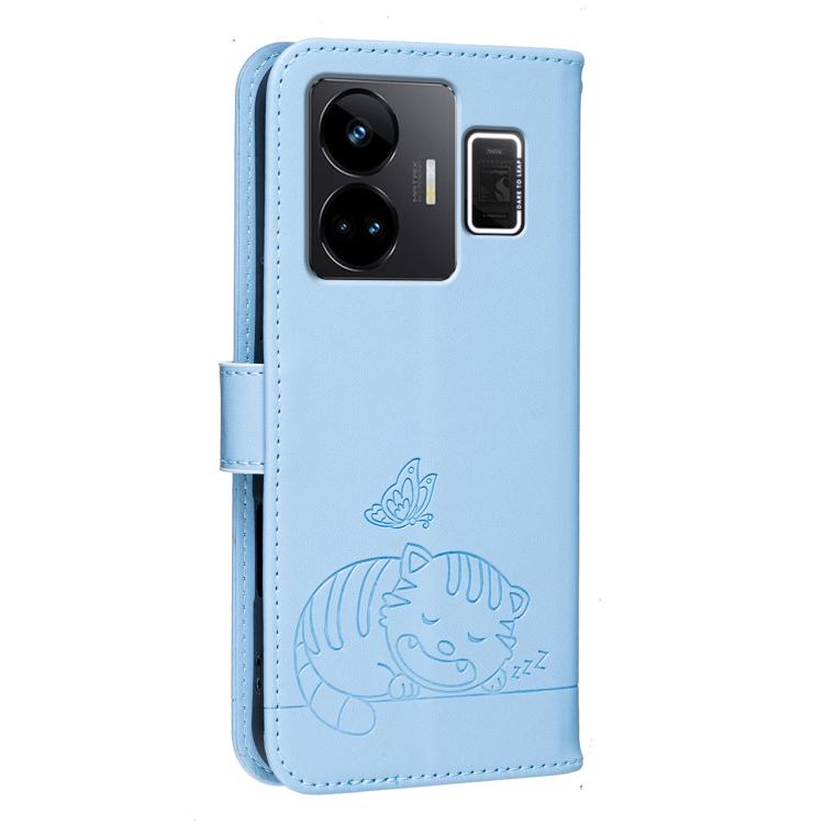 For Realme GT3 Cat Butterfly Embossed RFID Vegan Leather Phone Case with Strap