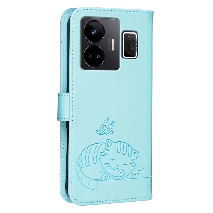 For Realme GT3 Cat Butterfly Embossed RFID Vegan Leather Phone Case with Strap