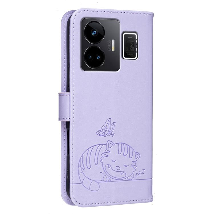 For Realme GT3 Cat Butterfly Embossed RFID Vegan Leather Phone Case with Strap