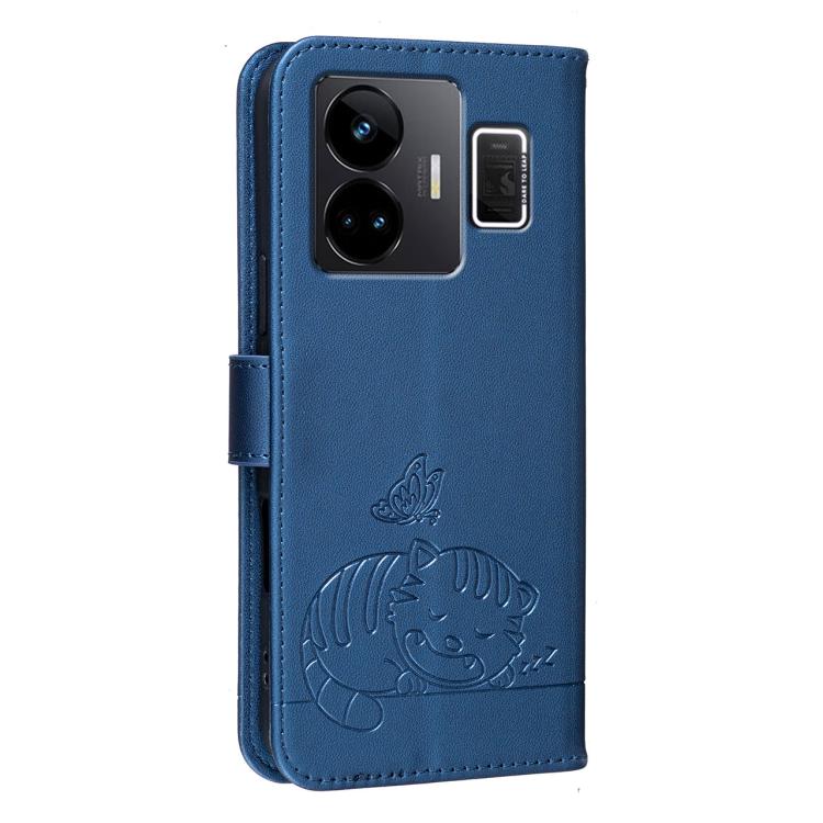For Realme GT3 Cat Butterfly Embossed RFID Vegan Leather Phone Case with Strap