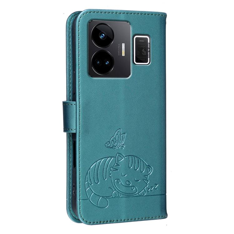 For Realme GT3 Cat Butterfly Embossed RFID Vegan Leather Phone Case with Strap