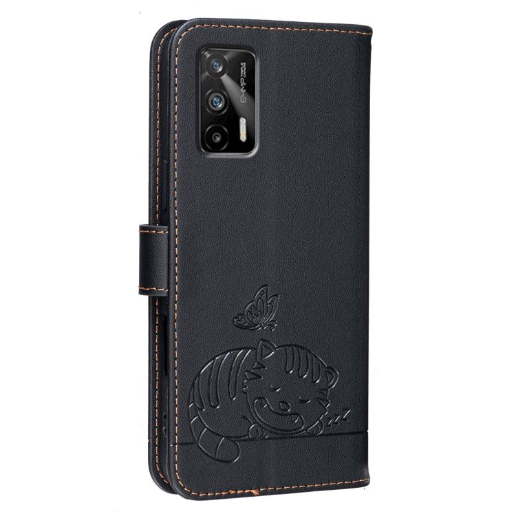 For Realme GT 5G Cat Butterfly Embossed RFID Vegan Leather Phone Case with Strap