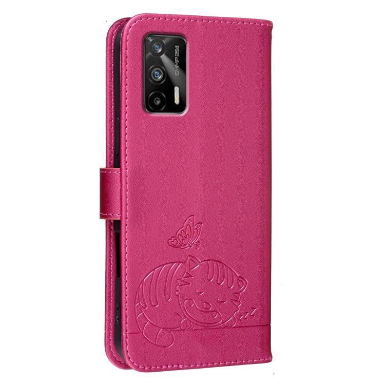 For Realme GT 5G Cat Butterfly Embossed RFID Vegan Leather Phone Case with Strap