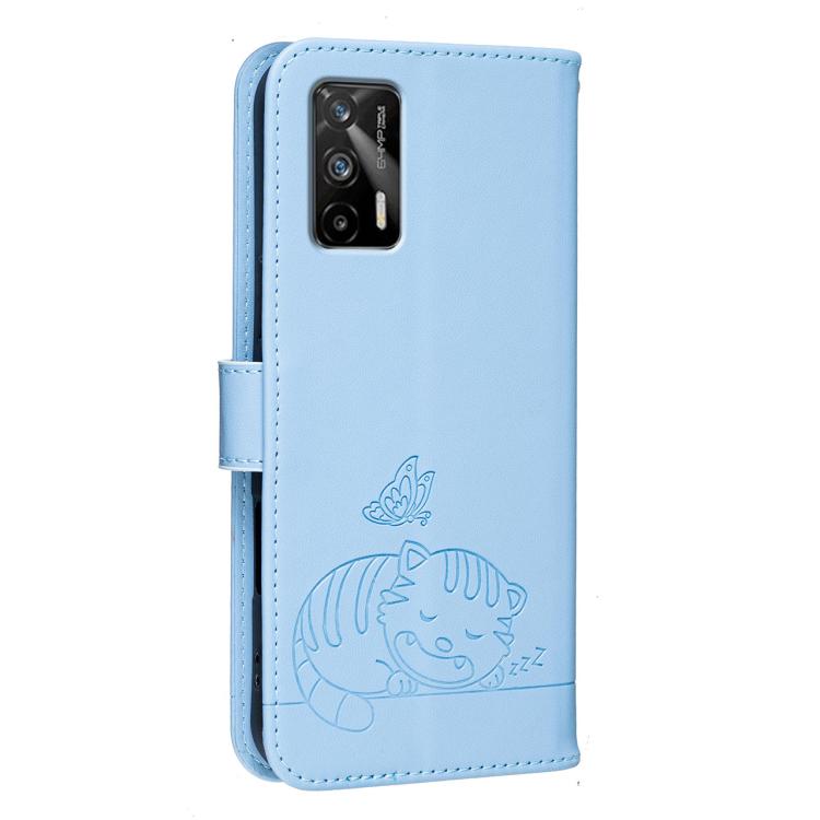 For Realme GT 5G Cat Butterfly Embossed RFID Vegan Leather Phone Case with Strap