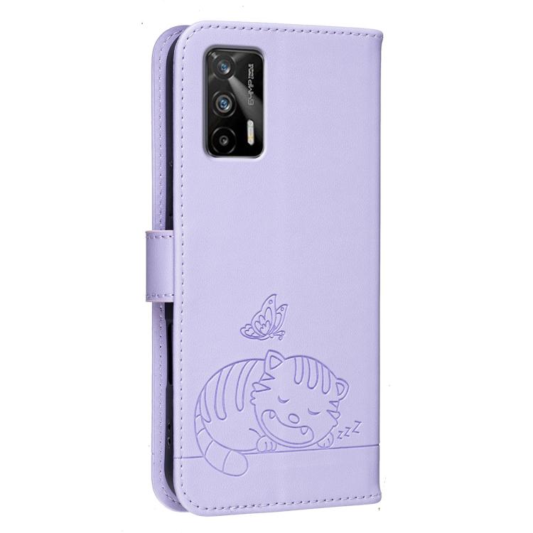 For Realme GT 5G Cat Butterfly Embossed RFID Vegan Leather Phone Case with Strap