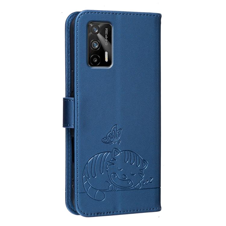 For Realme GT 5G Cat Butterfly Embossed RFID Vegan Leather Phone Case with Strap