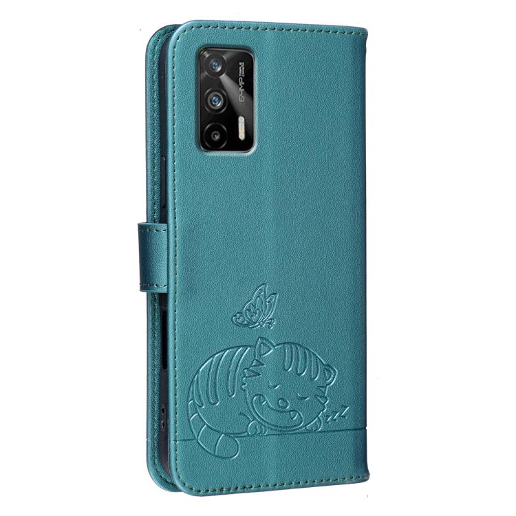 For Realme GT 5G Cat Butterfly Embossed RFID Vegan Leather Phone Case with Strap