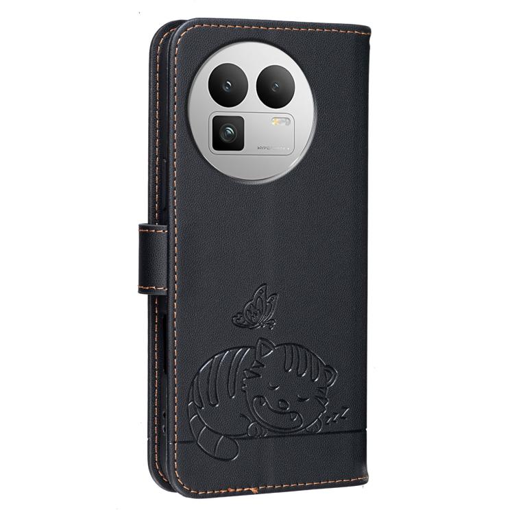 For Realme GT8 Pro Global Cat Butterfly Embossed RFID Vegan Leather Phone Case with Strap