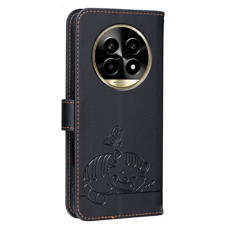 For Realme 13 Pro Cat Butterfly Embossed RFID Vegan Leather Phone Case with Strap