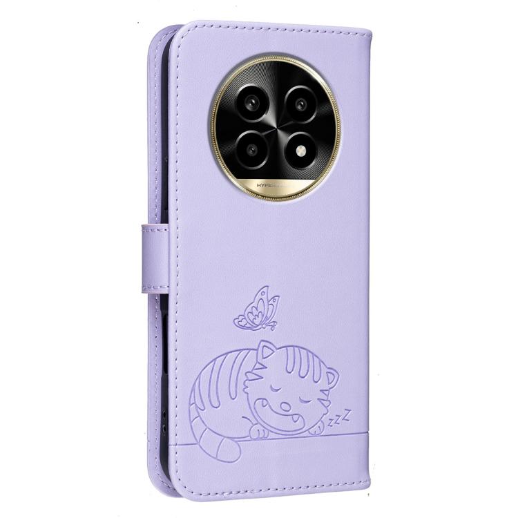 For Realme 13 Pro Cat Butterfly Embossed RFID Vegan Leather Phone Case with Strap