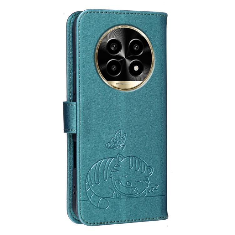 For Realme 13 Pro Cat Butterfly Embossed RFID Vegan Leather Phone Case with Strap
