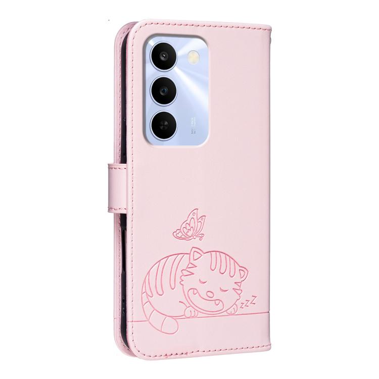 For Realme C83 5G Cat Butterfly Embossed RFID Vegan Leather Phone Case with Strap