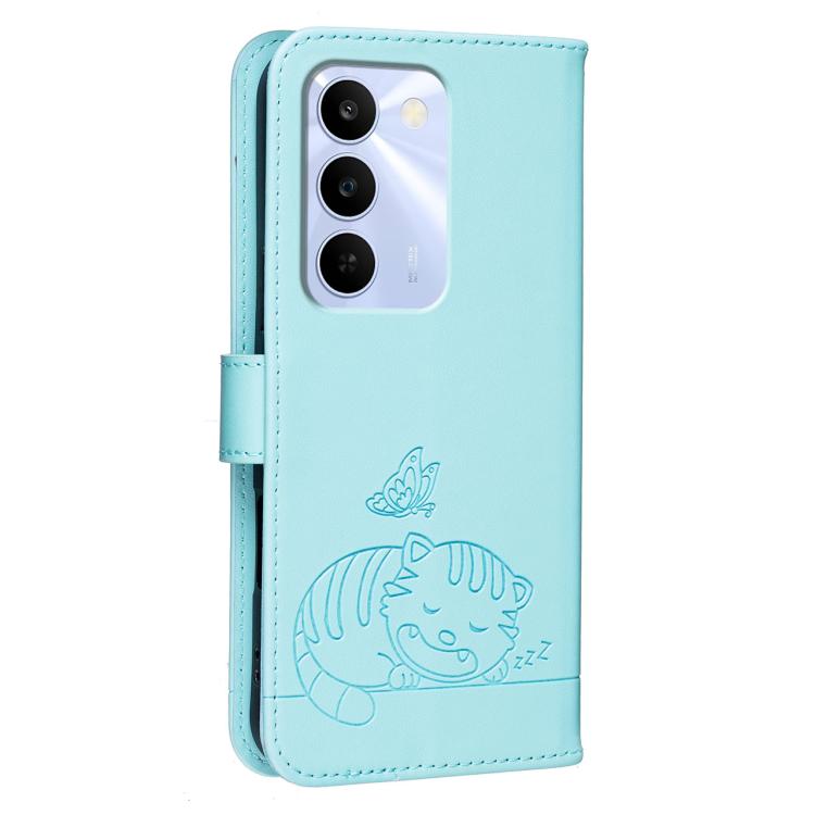 For Realme C83 5G Cat Butterfly Embossed RFID Vegan Leather Phone Case with Strap
