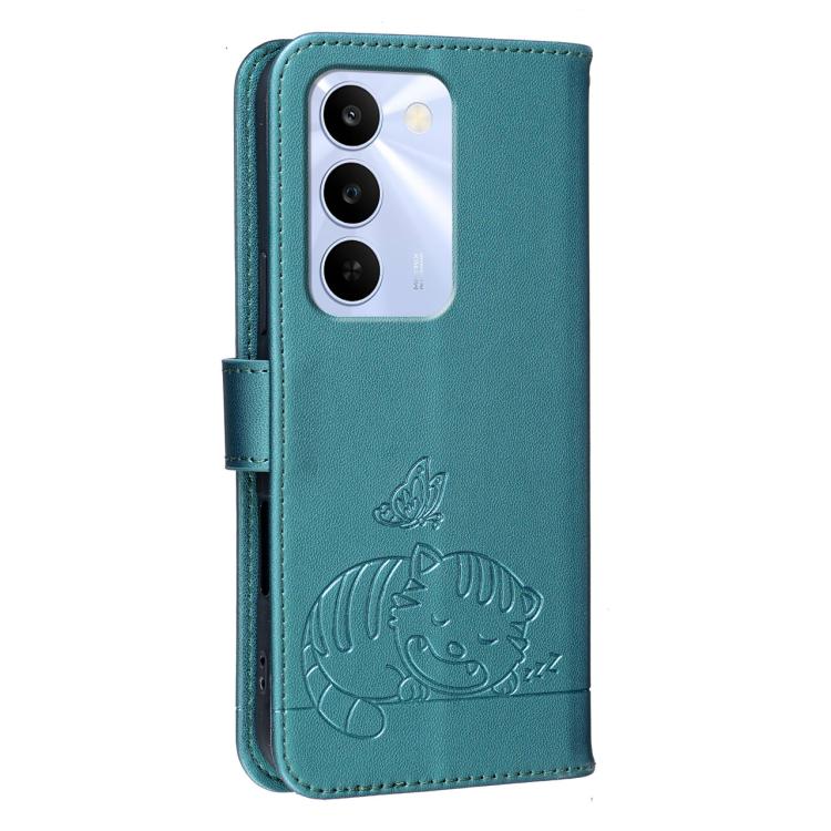 For Realme C83 5G Cat Butterfly Embossed RFID Vegan Leather Phone Case with Strap