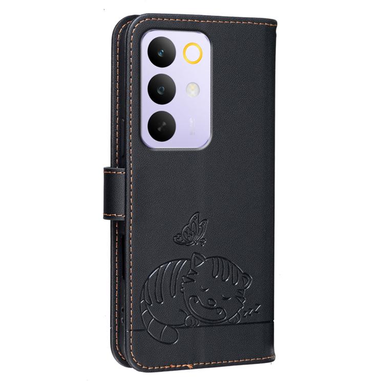 For Realme C85 5G Cat Butterfly Embossed RFID Vegan Leather Phone Case with Strap