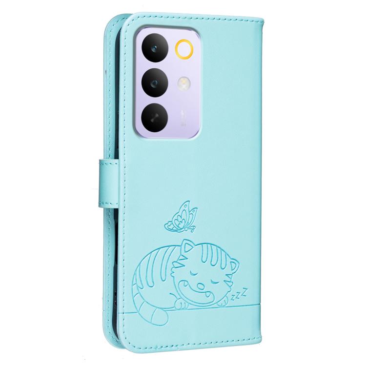 For Realme C85 5G Cat Butterfly Embossed RFID Vegan Leather Phone Case with Strap