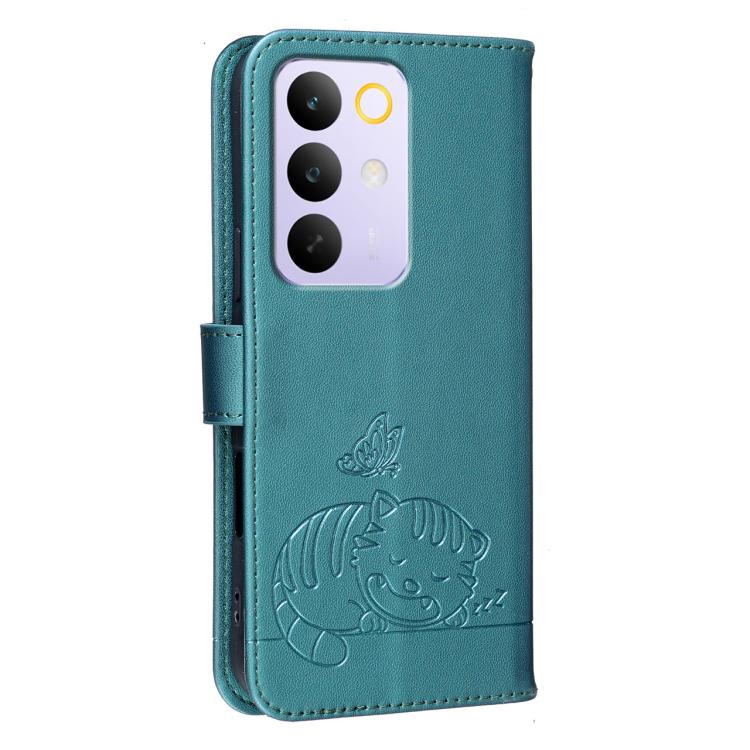 For Realme C85 5G Cat Butterfly Embossed RFID Vegan Leather Phone Case with Strap
