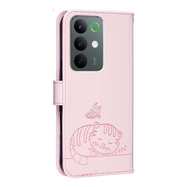 For Realme C85 Pro 4G Cat Butterfly Embossed RFID Vegan Leather Phone Case with Strap