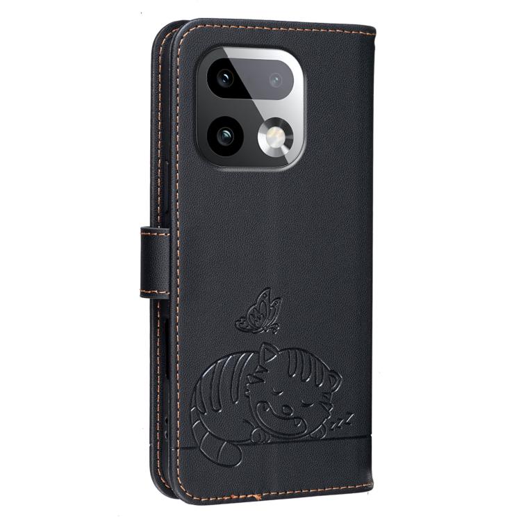 For Realme 16 Pro+ 5G Cat Butterfly Embossed RFID Vegan Leather Phone Case with Strap
