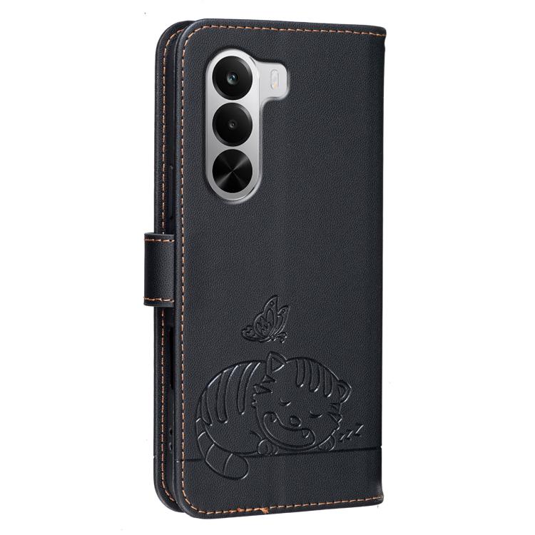 For Realme P4X 5G Cat Butterfly Embossed RFID Vegan Leather Phone Case with Strap