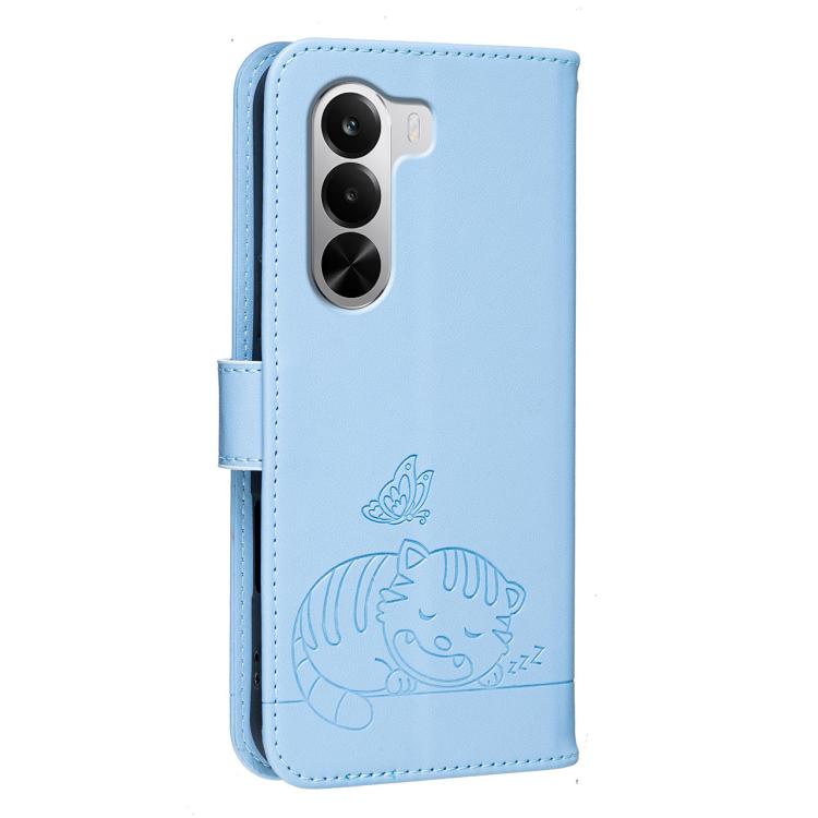 For Realme P4X 5G Cat Butterfly Embossed RFID Vegan Leather Phone Case with Strap