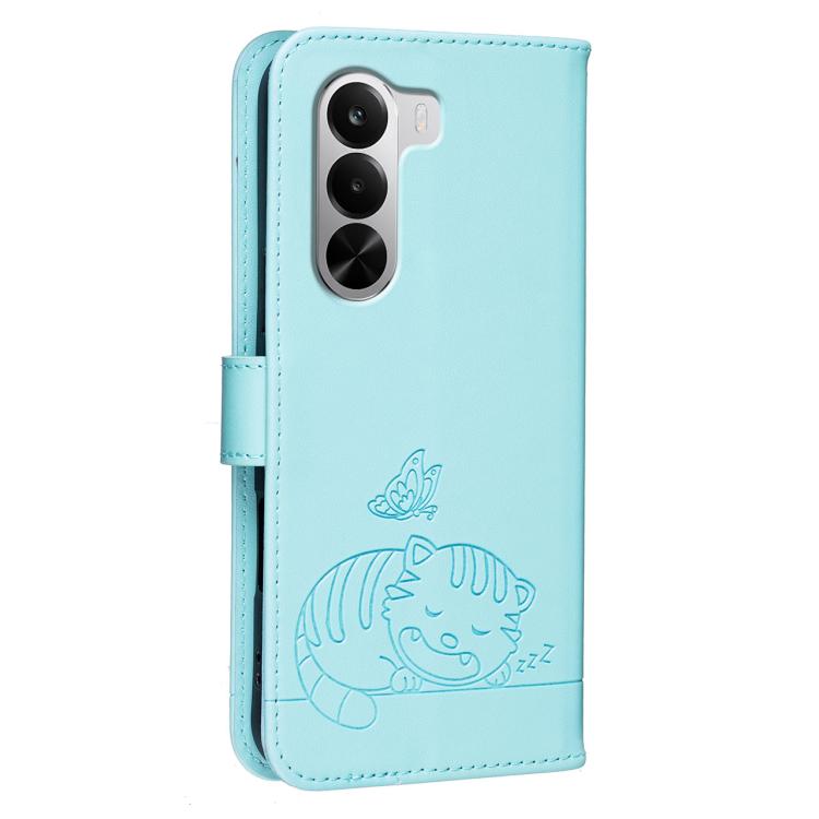 For Realme P4X 5G Cat Butterfly Embossed RFID Vegan Leather Phone Case with Strap