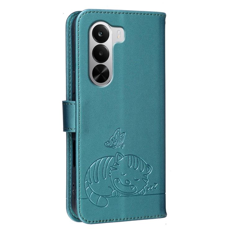 For Realme P4X 5G Cat Butterfly Embossed RFID Vegan Leather Phone Case with Strap