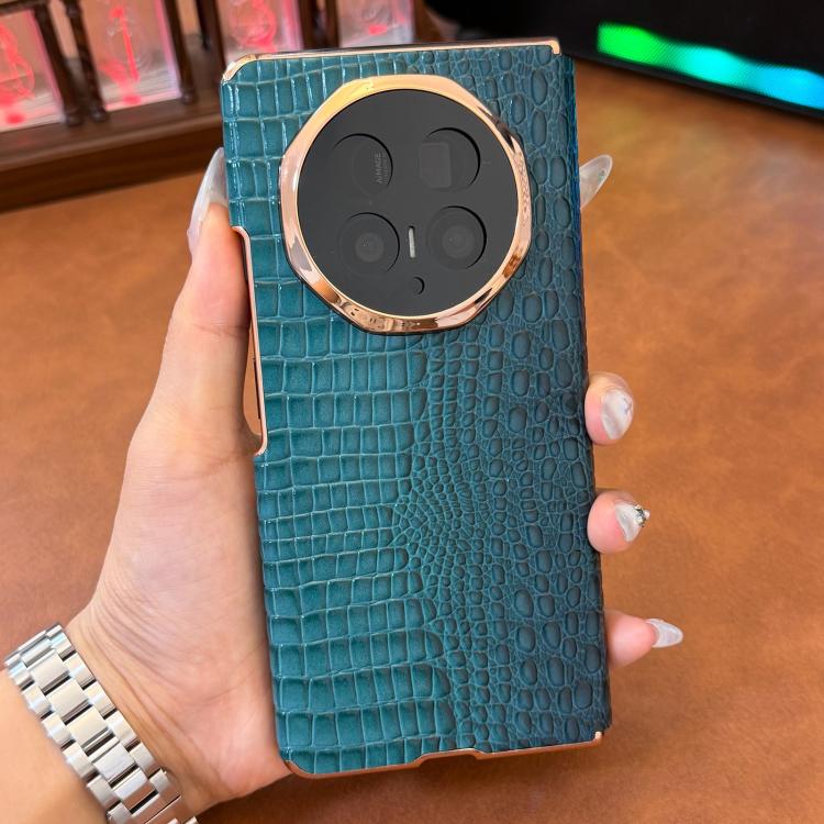 For Honor Magic V5 Electroplated Edge Dual Middle Axis Crocodile Texture Genuine Leather Phone Case