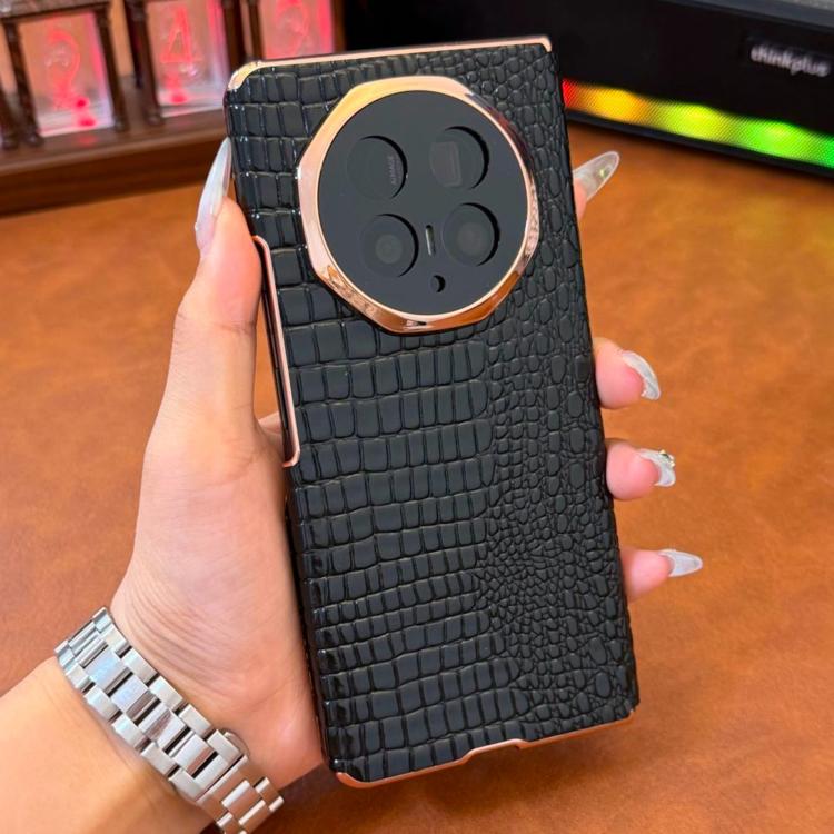 For Honor Magic V5 Electroplated Edge Dual Middle Axis Crocodile Texture Genuine Leather Phone Case