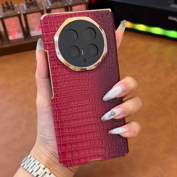 For Honor Magic V5 Electroplated Edge Dual Middle Axis Crocodile Texture Genuine Leather Phone Case