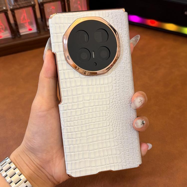For Honor Magic V5 Electroplated Edge Dual Middle Axis Crocodile Texture Genuine Leather Phone Case