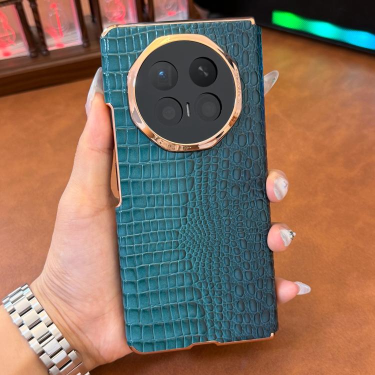 For Honor Magic V6 Electroplated Edge Dual Middle Axis Crocodile Texture Genuine Leather Phone Case