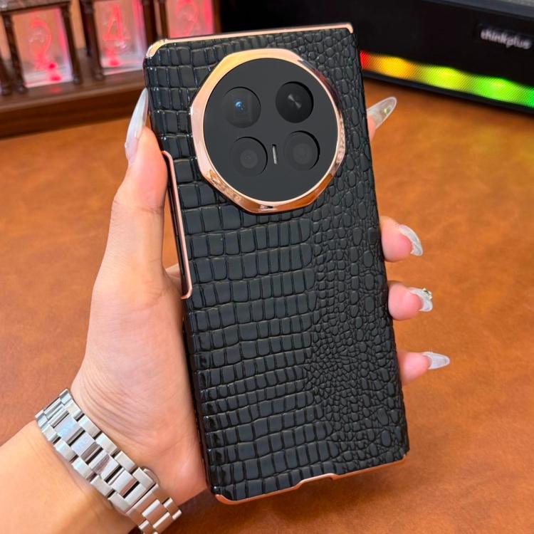 For Honor Magic V6 Electroplated Edge Dual Middle Axis Crocodile Texture Genuine Leather Phone Case