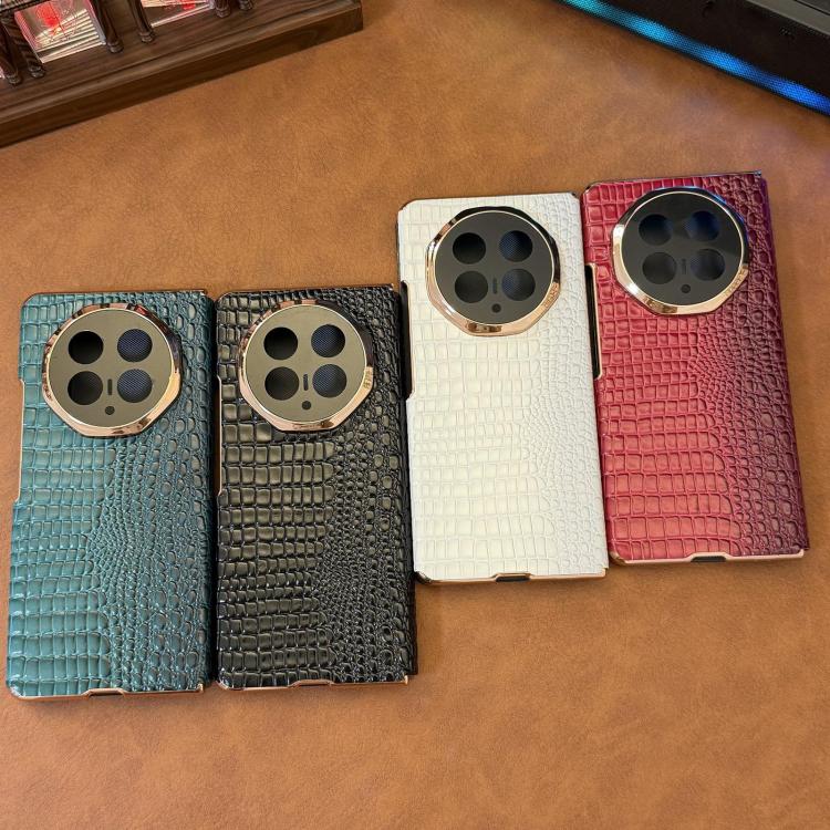 For Honor Magic V5 Electroplated Edge Dual Middle Axis Crocodile Texture Genuine Leather Phone Case