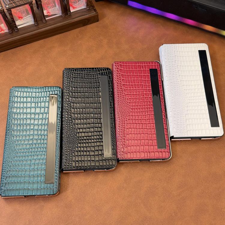 For Honor Magic V5 Electroplated Edge Dual Middle Axis Crocodile Texture Genuine Leather Phone Case